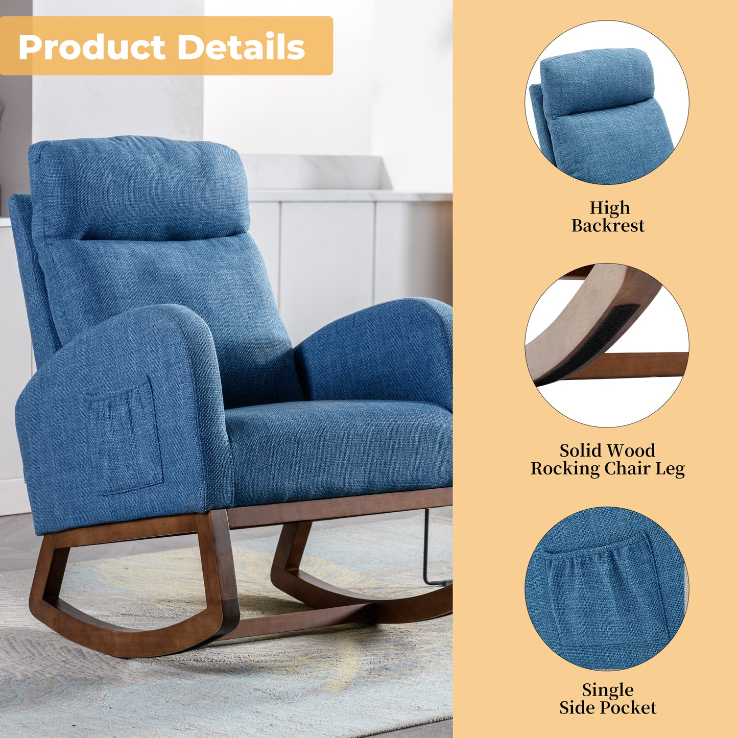 Rocking Chair, Modern Glider Chair, Recliner Armchair with Wood Legs and Side Pocket, Nursery Rocking Accent Chair with High Back for Living Room Bedroom (Blue linen)