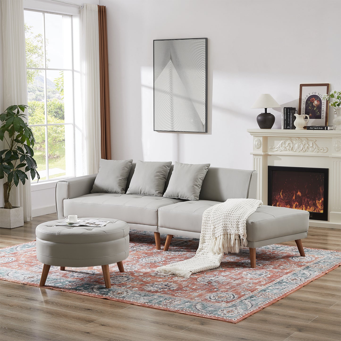 107" Contemporary Sofa Stylish Sofa Couch with a Round Storage Ottoman and Three Removable Pillows for Living Room, Grey