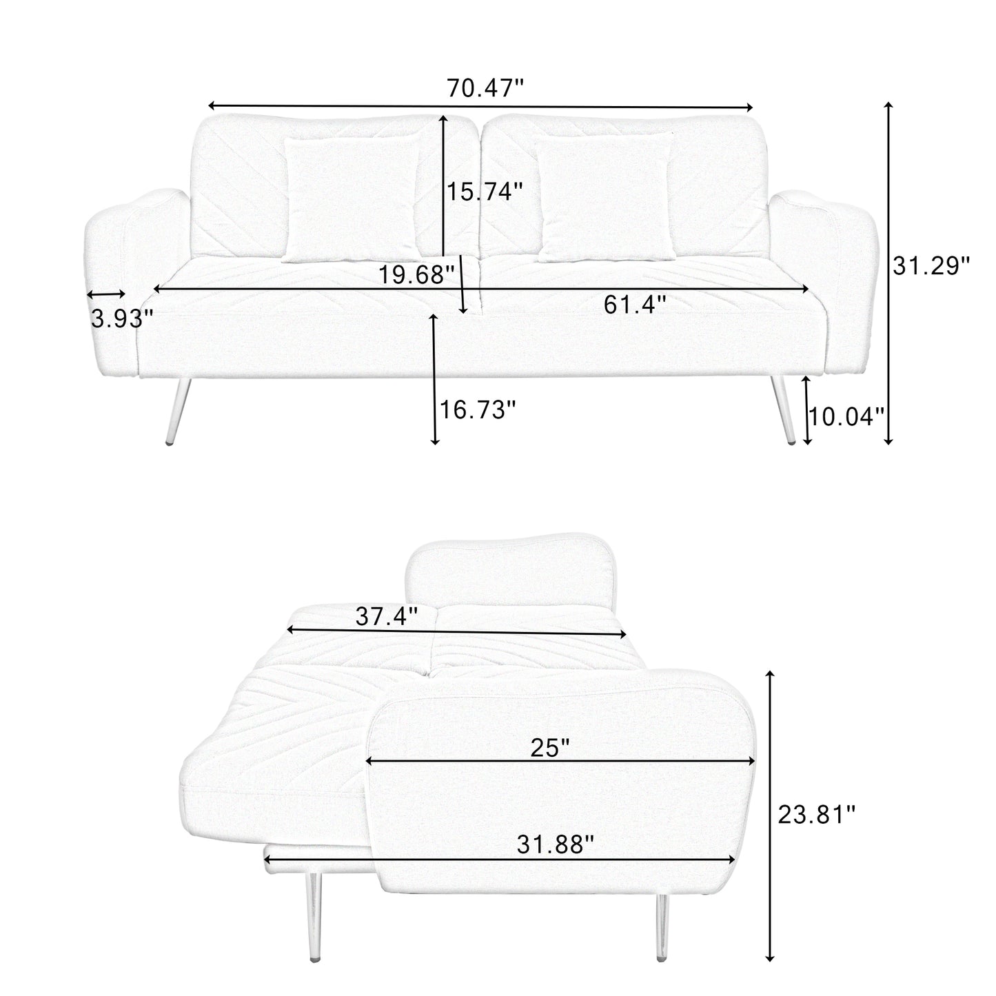 70.47" Pink Fabric Double Sofa with Split Backrest and Two Throw Pillows,Suitable for living room, apartment, home office