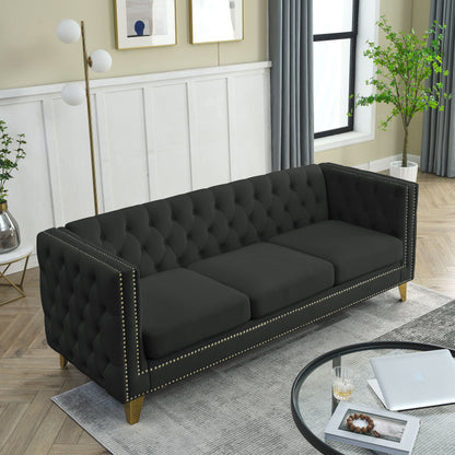 Velvet Sofa for Living Room,Buttons Tufted Square Arm Couch, Modern Couch Upholstered Button and Metal Legs, Sofa Couch for Bedroom, Black Velvet(W834S00022)