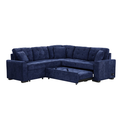 82.6" L-shape Sofa Bed Pull-out Sleeper Sofa with Wheels, USB Ports, Power Sockets for Living Room, Navy Blue