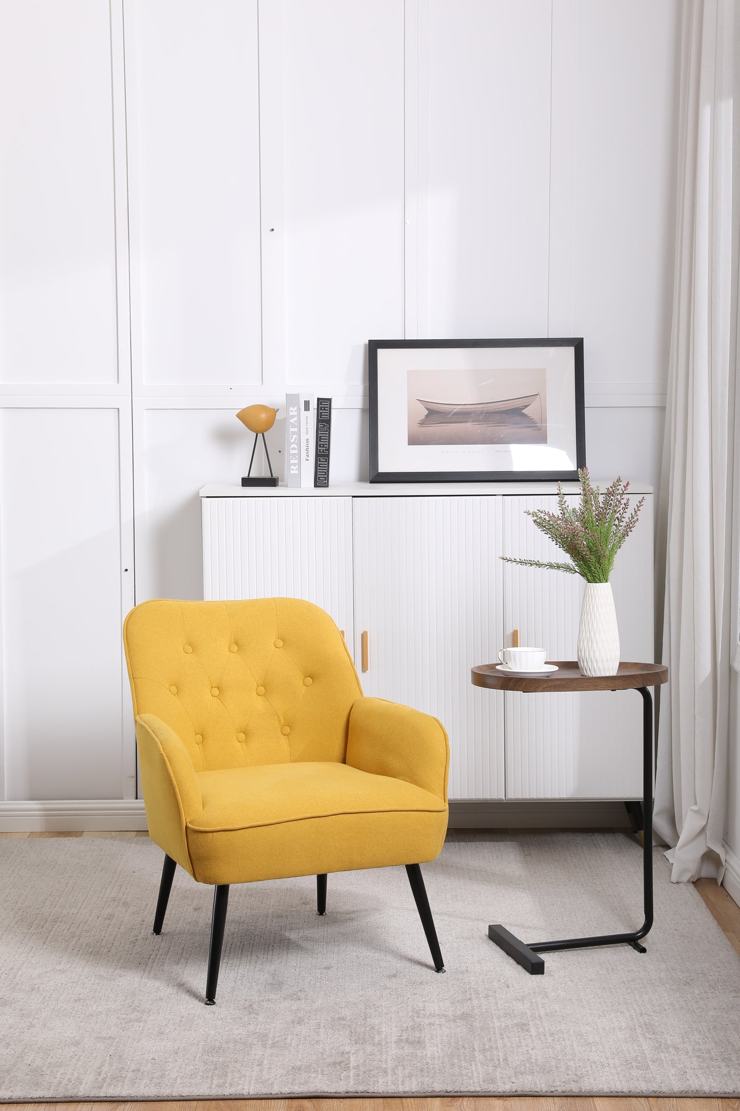 Modern Mid Century Chair Linen Sherpa Armchair for Living Room Bedroom Office Easy Assemble(Yellow)