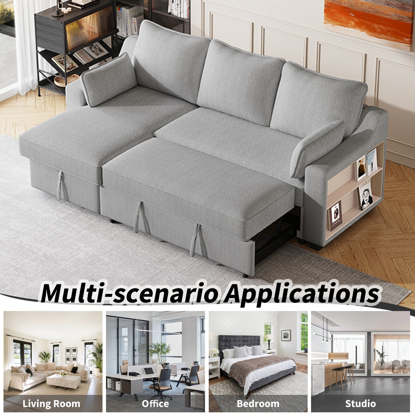 90" Pull Out Sleeper Sofa L-Shaped Couch Convertible Sofa Bed with Storage Chaise, Storage Racks and USB Ports, Light Grey