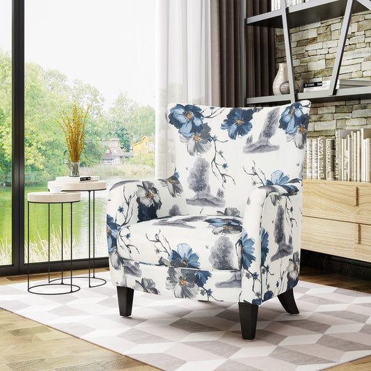 Contemporary Vintage Print Fabric Upholstered Club Chair, White & Blue Patterned Armchair, Stylish and Comfortable Addition to Your Living Space