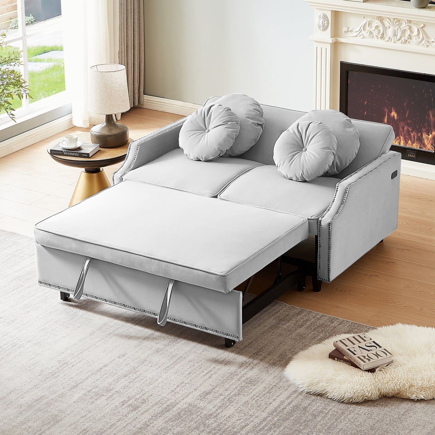 54.7" Multiple Adjustable Positions Sofa Bed Stylish Sofa Bed with a Button Tufted Backrest, Two USB Ports and Four Floral Lumbar Pillows for Living Room, Bedroom,or Small Space, Light Grey