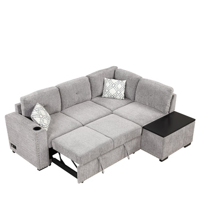 83.8" Sectional Pull-Out Sofa Bed L-Shaped Corner Sofa Couch with Storage Chaise, USB Ports, Power Sockets, Cup Holder for Living Room, Bedroom, Study, Light Gray