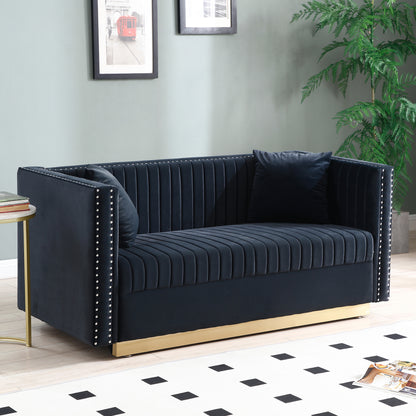 Contemporary Vertical Channel Tufted Velvet Sofa Loveseat Modern Upholstered 2 Seater Couch for Living Room Apartment with 2 pillows,Black