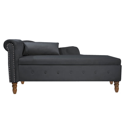 Black Chaise Lounge Indoor,Velvet Lounge Chair for Bedroom with Storage & Pillow,Modern Upholstered Rolled Arm Chase Lounge for Sleeping with Nailhead Trim for Living Room Bedroom Office