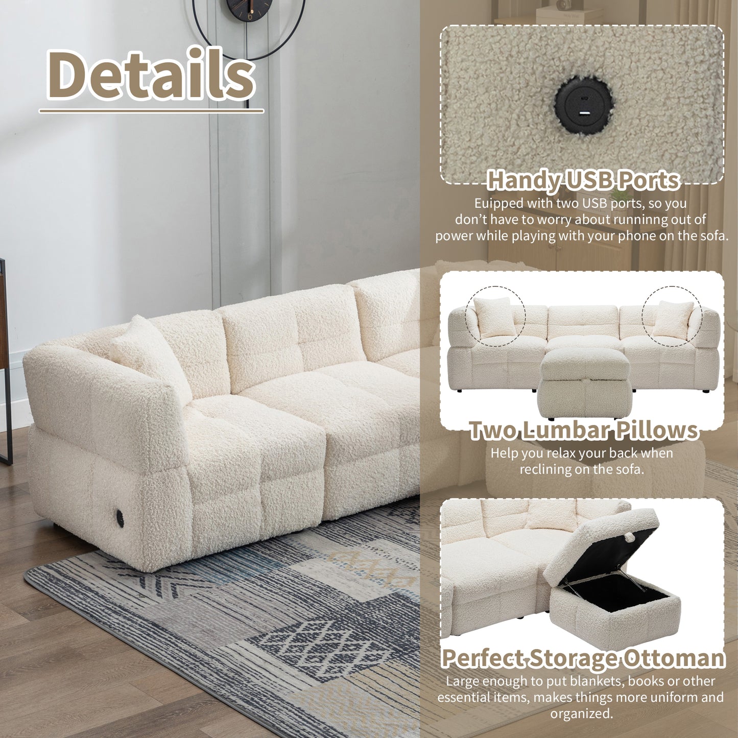 87.7" Sectional Sofa Cozy Teddy Fleece Fabric Sectional Sofa Couch with Two USB Ports a Movable Storage Ottoman and Two Lumbar Pillows for Living Room, Creamy White