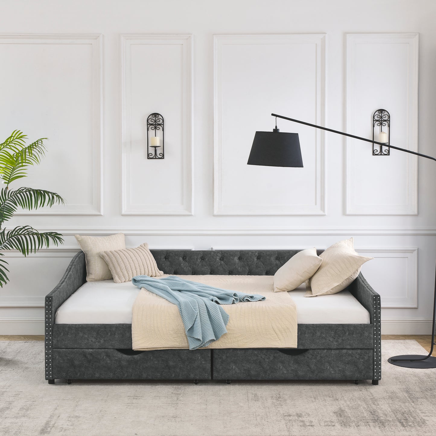 Queen Size Daybed with Drawers Upholstered Tufted Sofa Bed,,with Button on Back and Copper Nail on Waved Shape Arms, Grey (84.5"x63.5"x26.5")