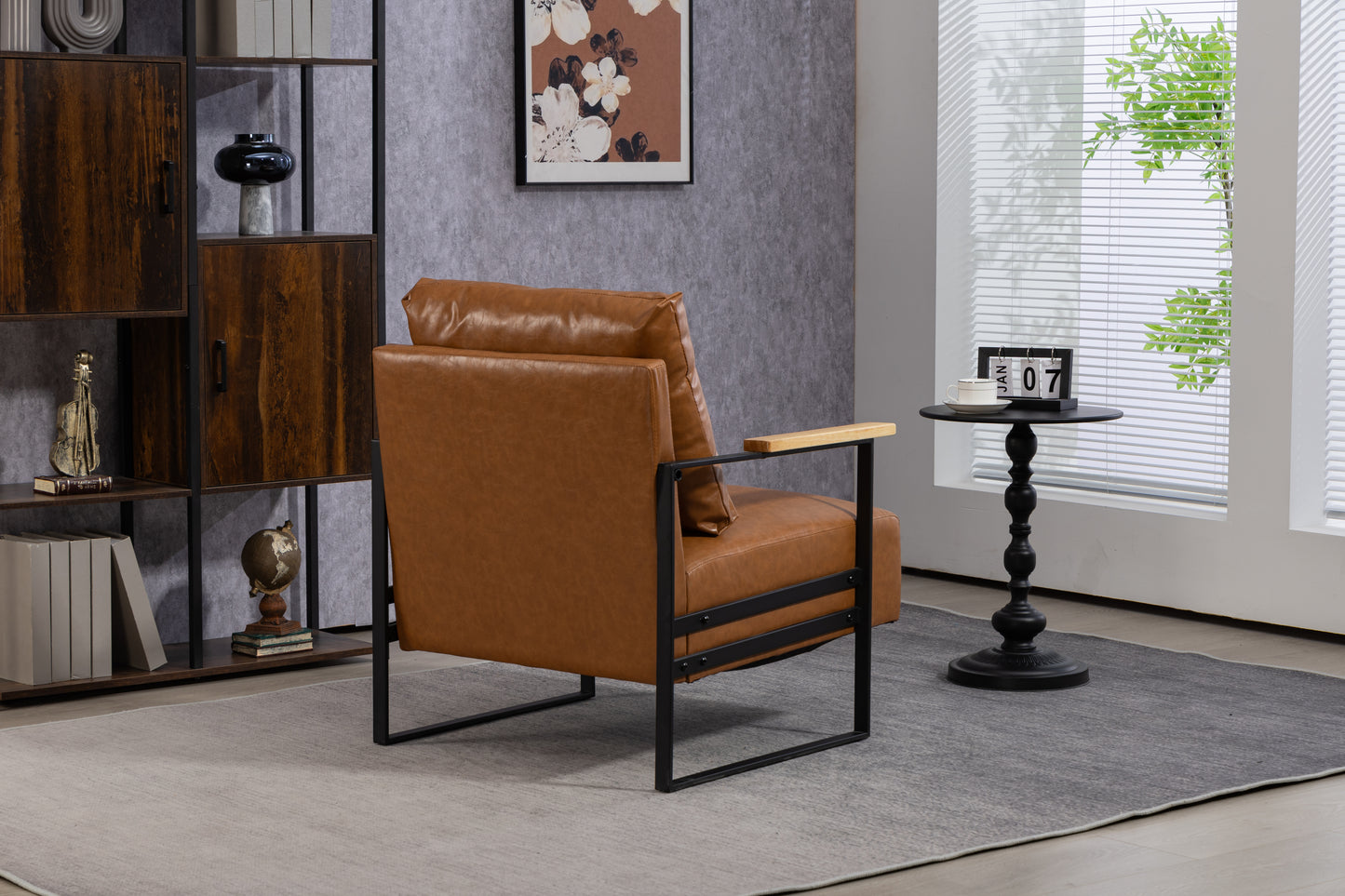 Leather Accent Chair Guest Chair for Living Room, Mid Century Armchair for Bedroom (Brown Leather)