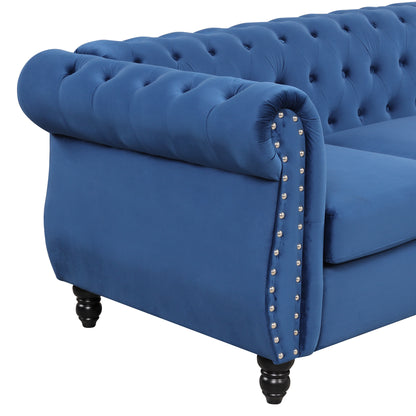 60" modern sofa Dutch plush upholstered sofa, solid wood legs, buttoned tufted backrest, blue