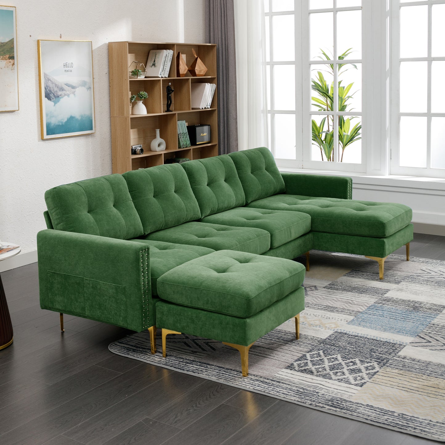 110" L-Shape Convertible Sectional Sofa Couch with Movable Ottoman for Living Room, Apartment, Office, Green