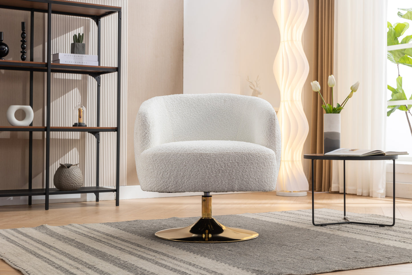 048-Chenille Fabric Accent Swivel Chair With Gold Metal Round Base,White