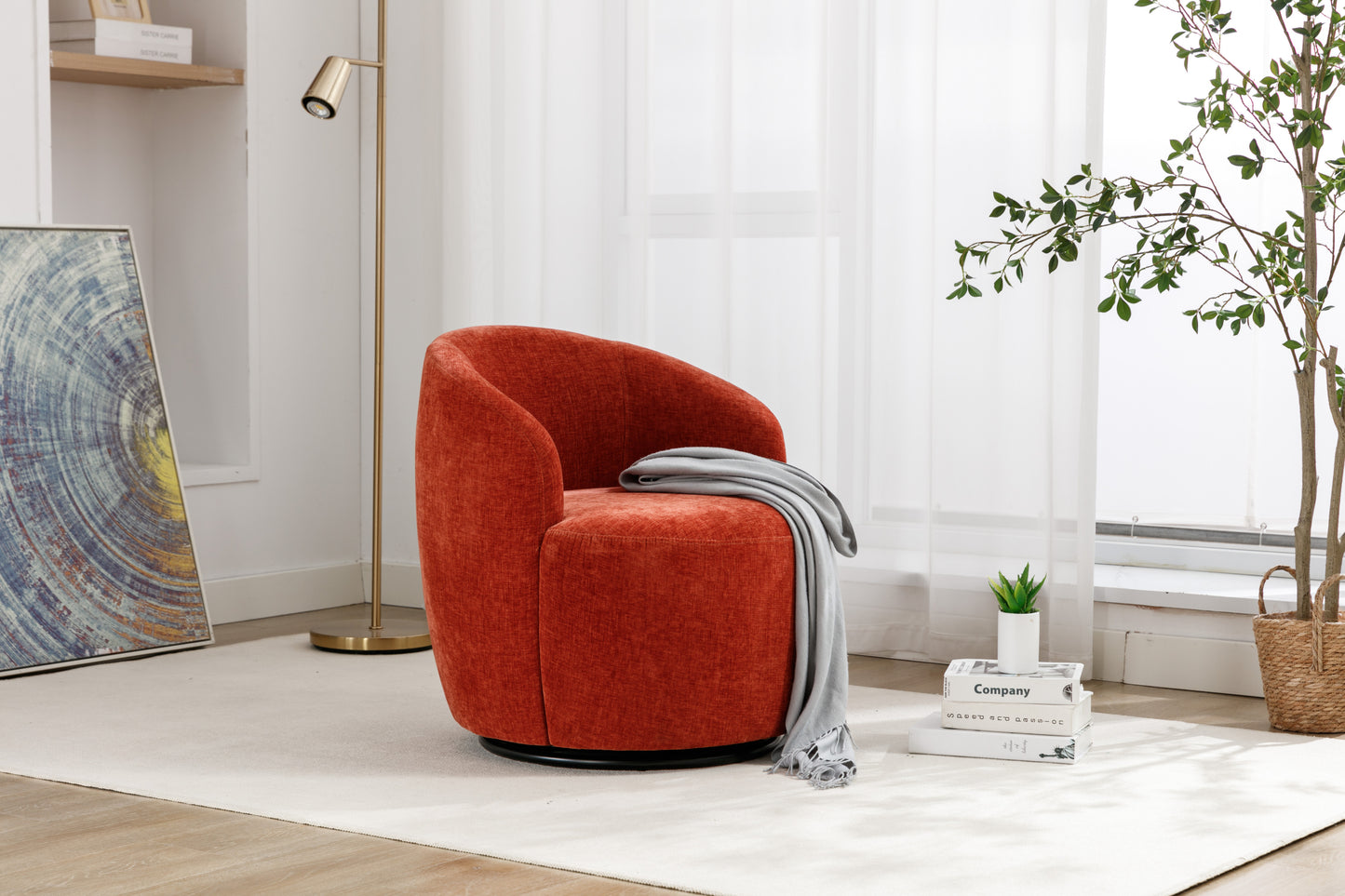 Fabric Swivel Accent Armchair Barrel Chair With Black Powder Coating Metal Ring,Orange