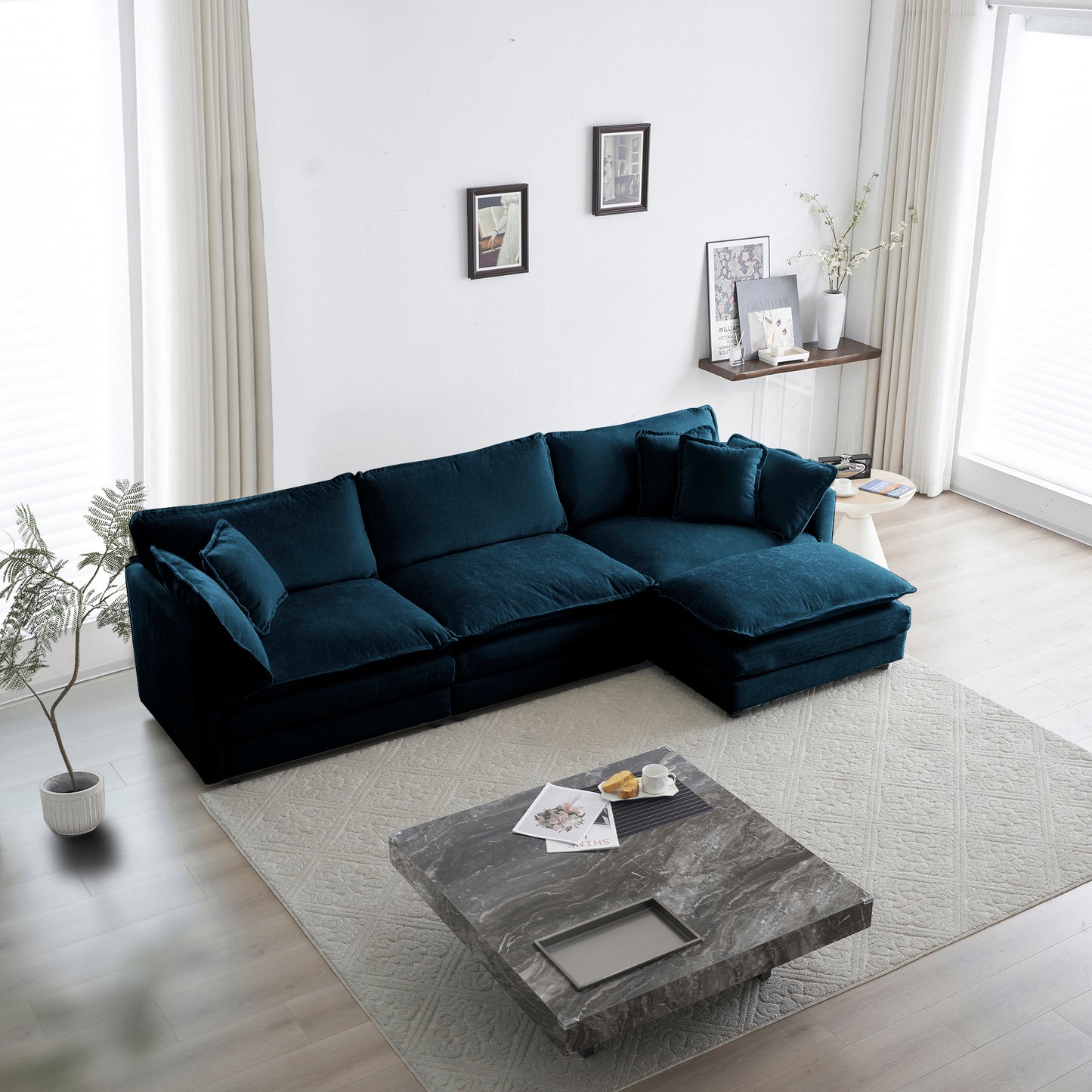 Free Combination Comfy Upholstery Modular Oversized L Shaped Sectional Sofa With Reversible Ottoman, Blue Chenille