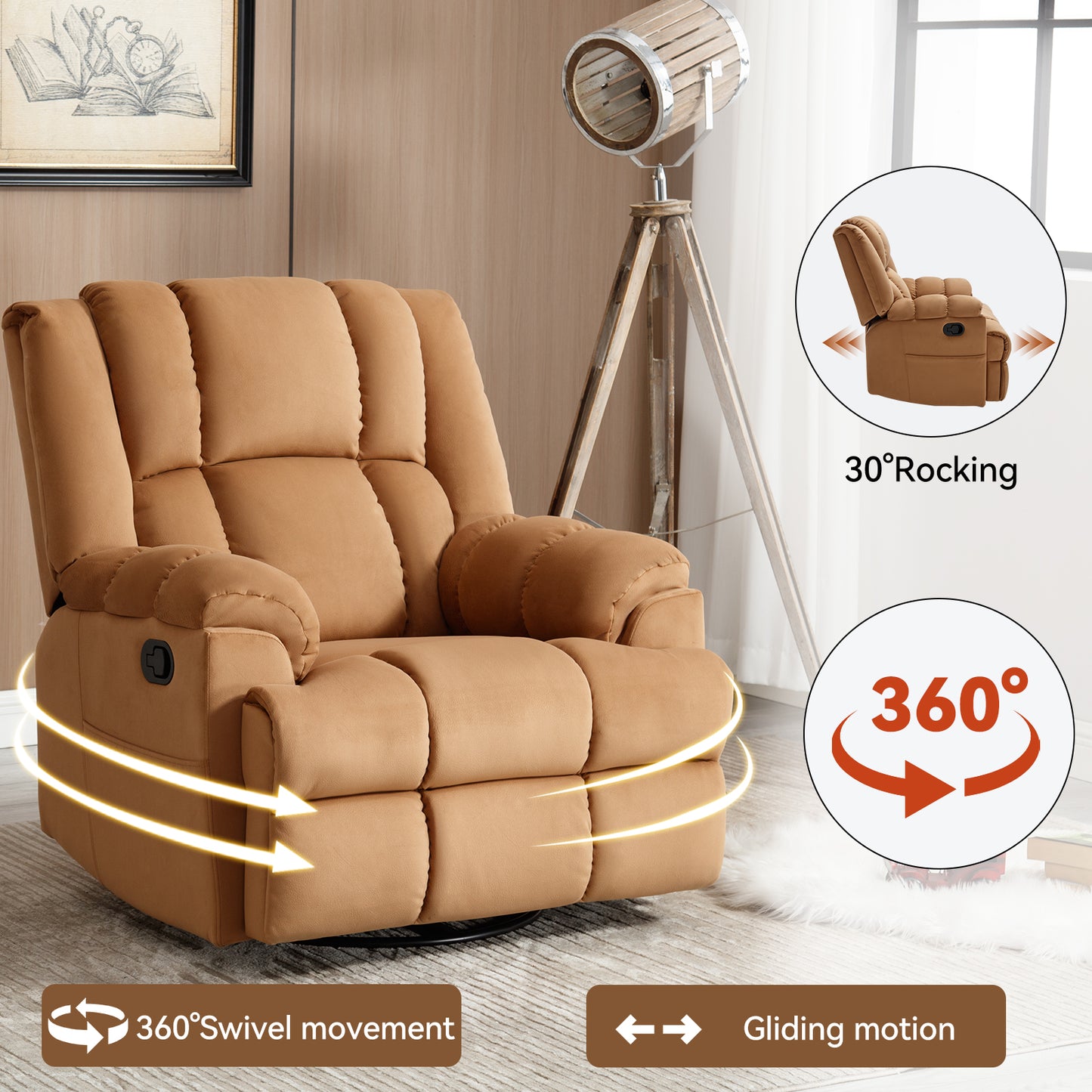 Manual Recliner Chair with Rocker and Swivel in Fabric for Living Room, Beige