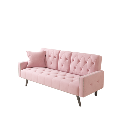 1730 Sofa Bed Armrest with Nail Head Trim with Two Cup Holders 72" Pink Velvet Sofa for Small Spaces