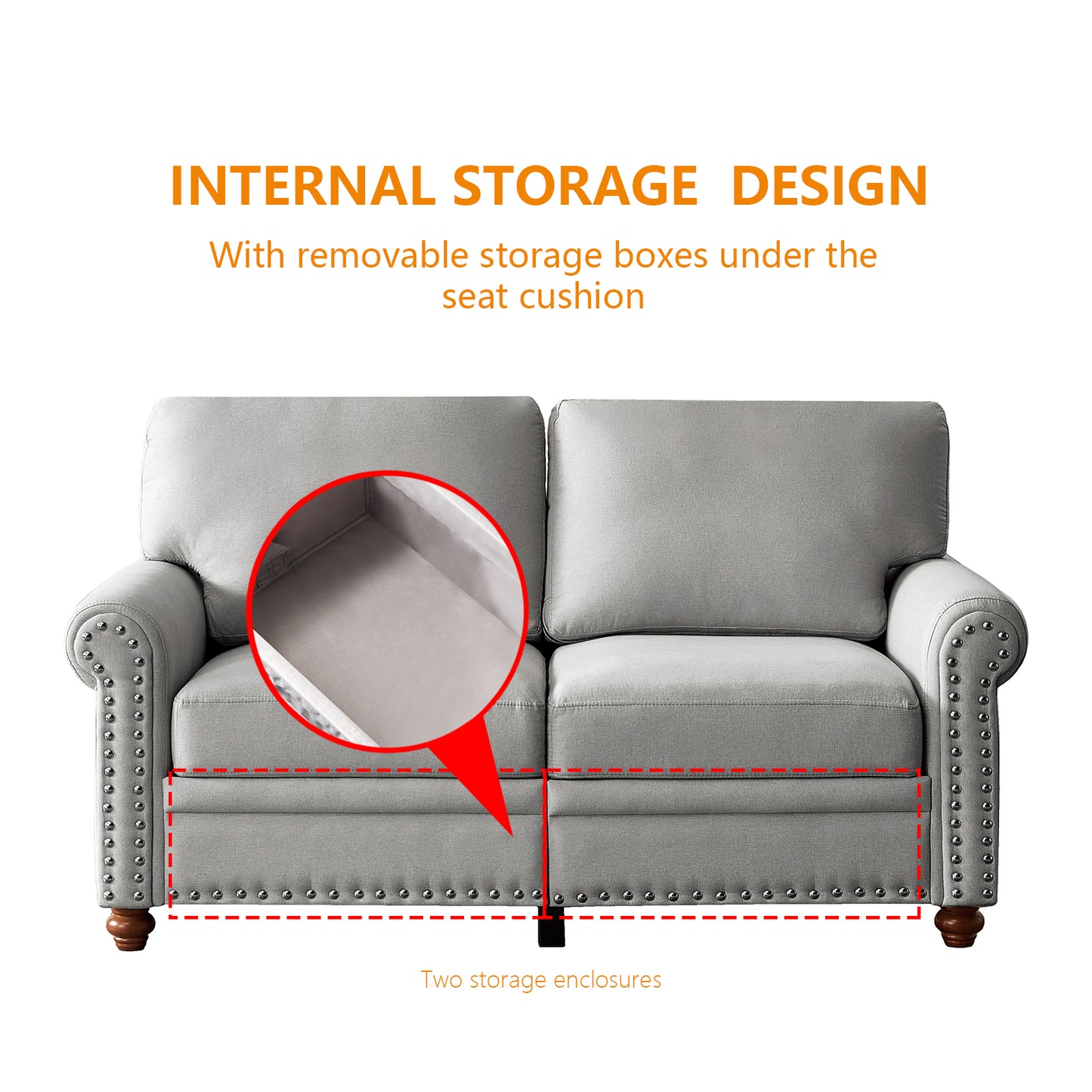 Linen Fabric Upholstery with Storage Loveseat (Grey)