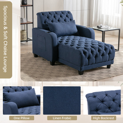 Multifunctional Living Room Leisure Chaise Lounge Barry Tufted Comfy Armchair Wireless Charging, Smooth Reclining Backrest & Lumbar Pillow for Home Apartment (Navy linen)