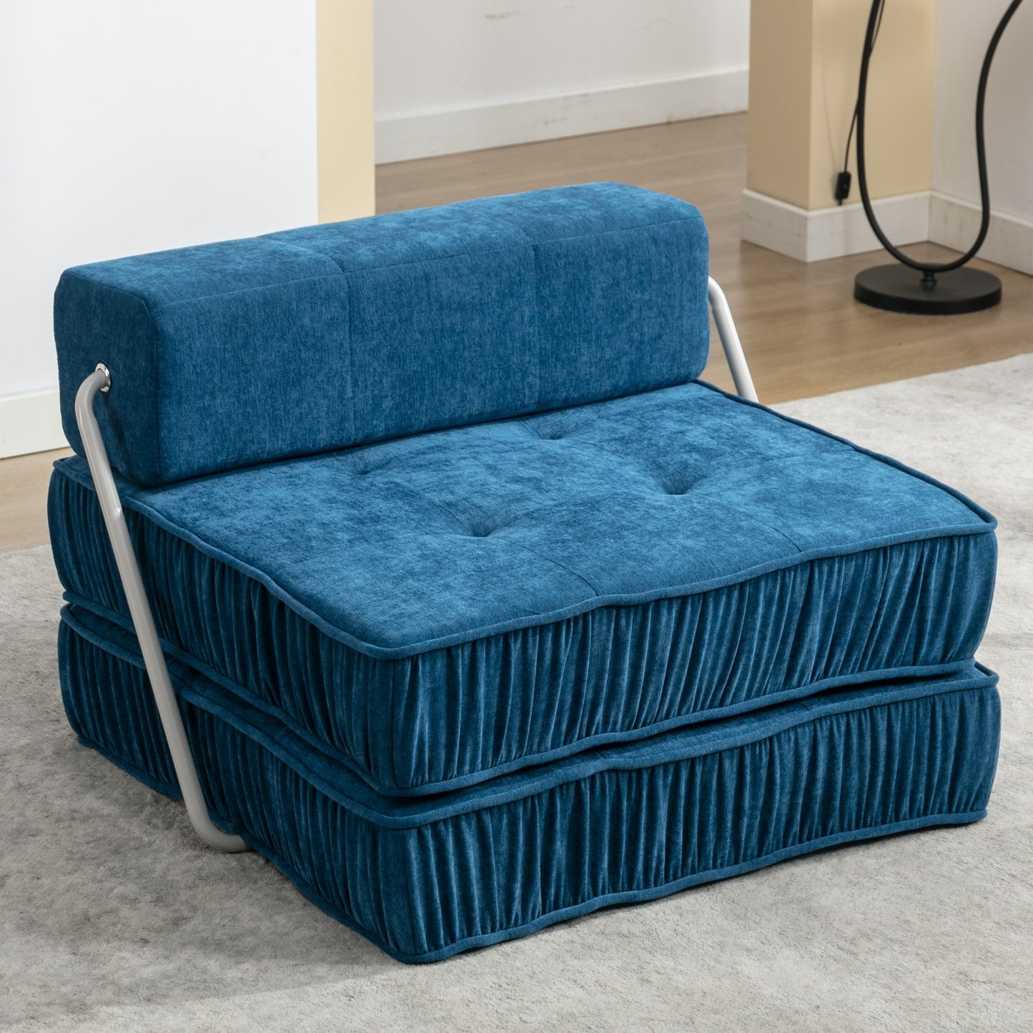 Folding Sofa Bed, Futon Sleeper Chair, Convertible Chair Floor Couch & Sleeping Mattress for Living Room, Guest Room, Home Office, Apartment, Small space, Bed, Removable Back Cushion, Blue, 1 Seat