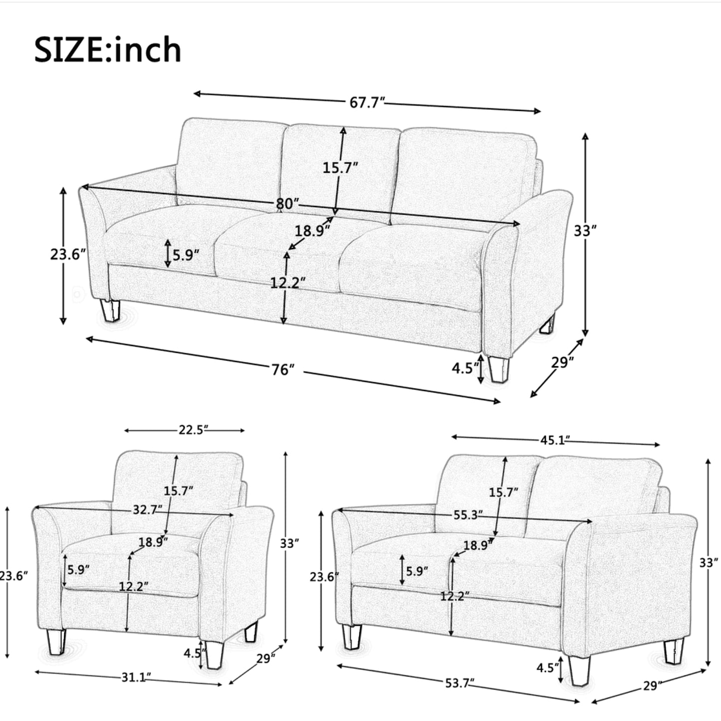 U_STYLE Polyester-blend 3 Pieces Sofa Set