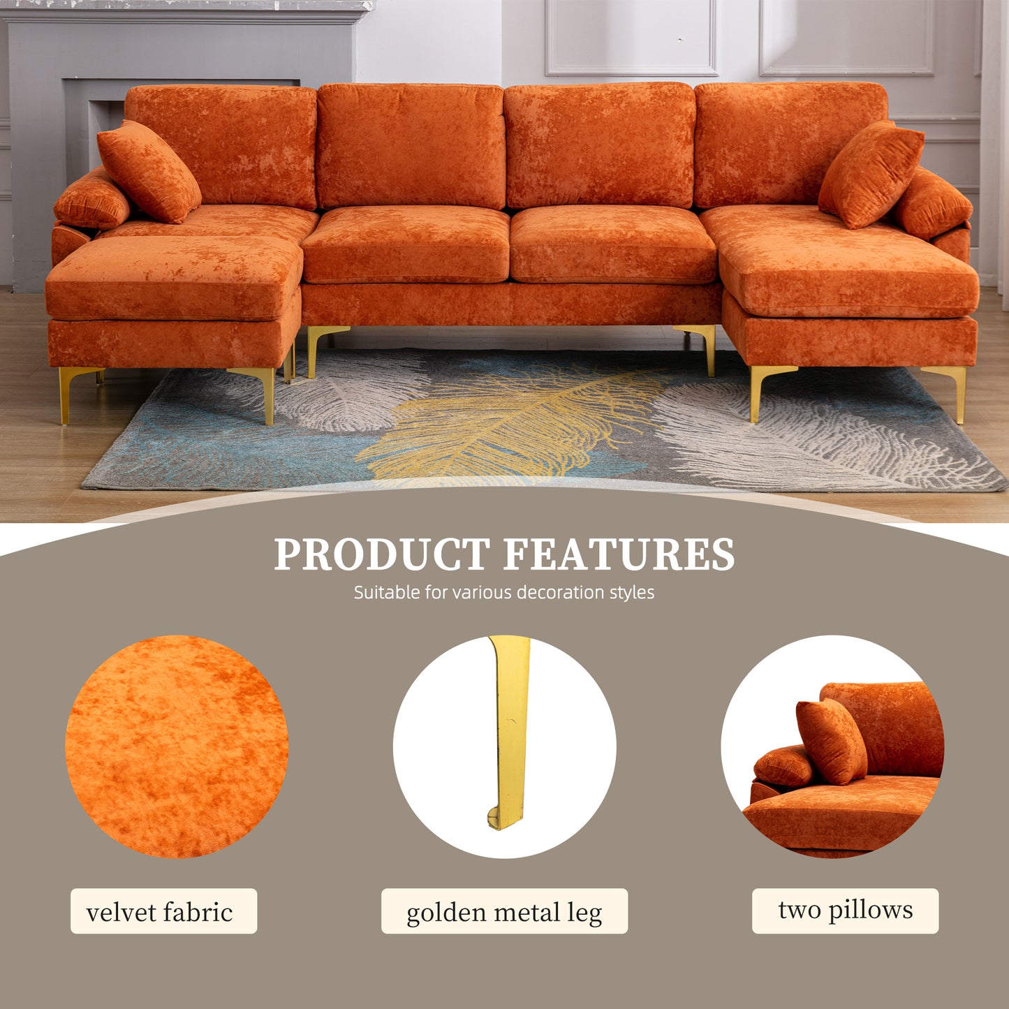 U-shape sectional sofa with Ottoman, Reversible Sofa Couch for Living Room,Spacious Furniture,Durable Couch Removable and machine washable cover (Orange Velvet)