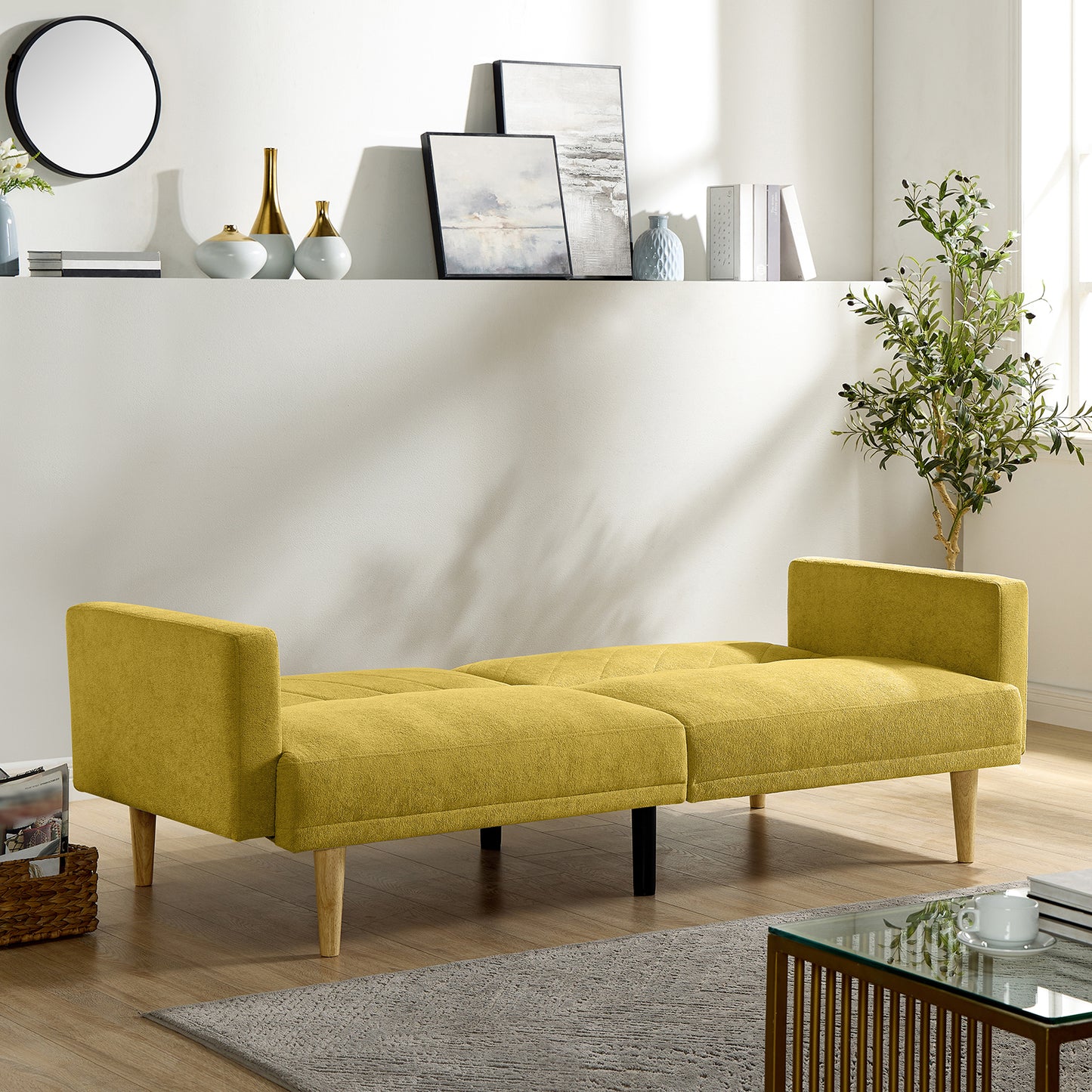 Multi-Functional Futon Sofa Bed :Tapered Wood Legs - Ideal for Small Living Rooms - Multi-Color Fabric Options - Easily Converts to Single Bed, Yellow