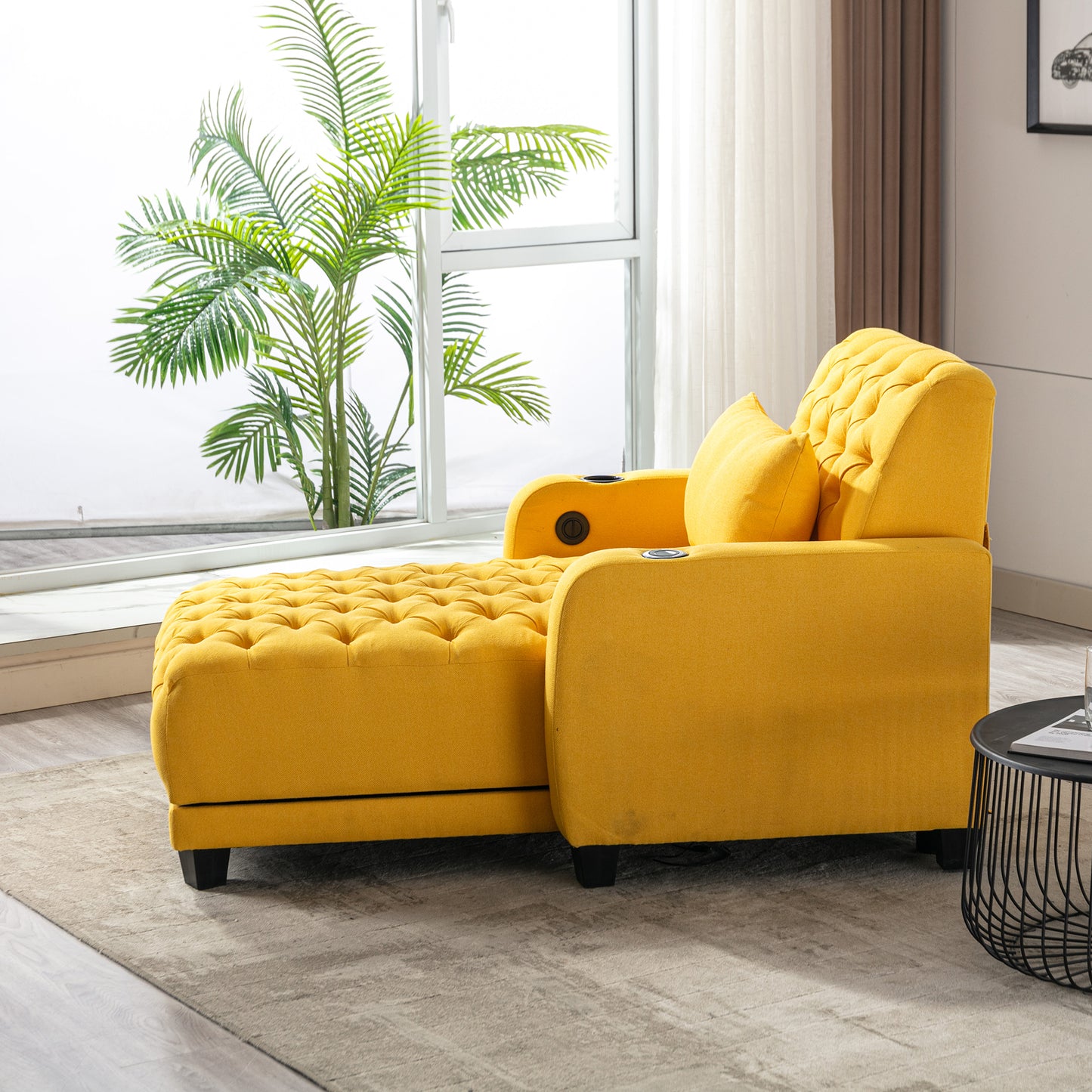 Multifunctional Living Room Leisure Chaise Lounge Barry Tufted Comfy Armchair Wireless Charging, Smooth Reclining Backrest & Lumbar Pillow for Home Apartment (Yellow linen)