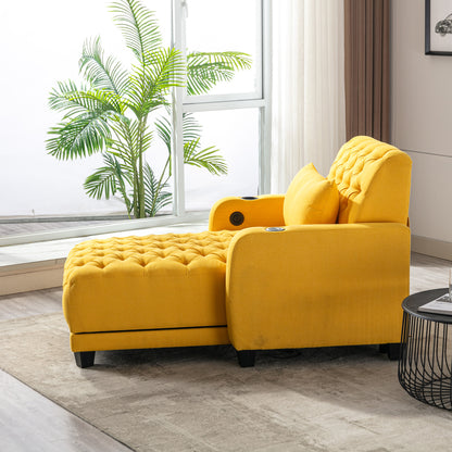 Multifunctional Living Room Leisure Chaise Lounge Barry Tufted Comfy Armchair Wireless Charging, Smooth Reclining Backrest & Lumbar Pillow for Home Apartment (Yellow linen)