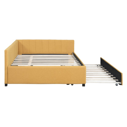 Full Size Upholstered Daybed with Trundle Sofa Bed Frame No Box Spring Needed, Linen Fabric(Yellow)