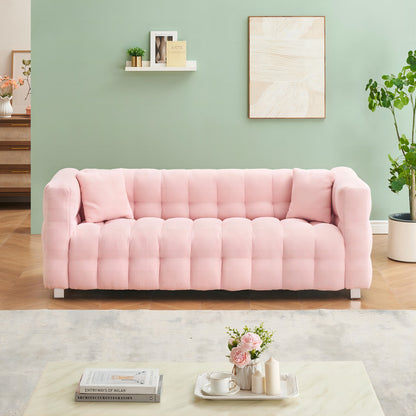 Pink teddy fleecesofa 80 inch discharge in living room bedroom with two throw pillows hardware foot support