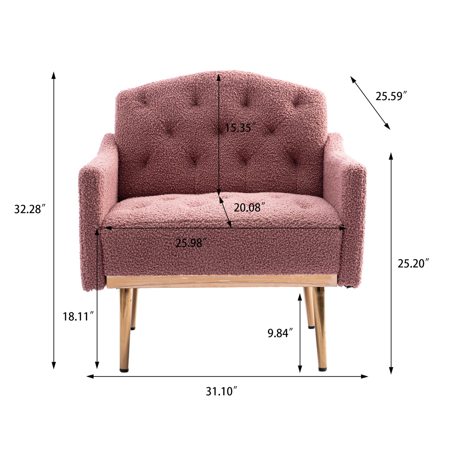 Modern Accent Chair with Arms, Tufted Decorative Fabric Armchair with Gold Metal Legs, Upholstered Reading Chair for Living Room Bedroom Office