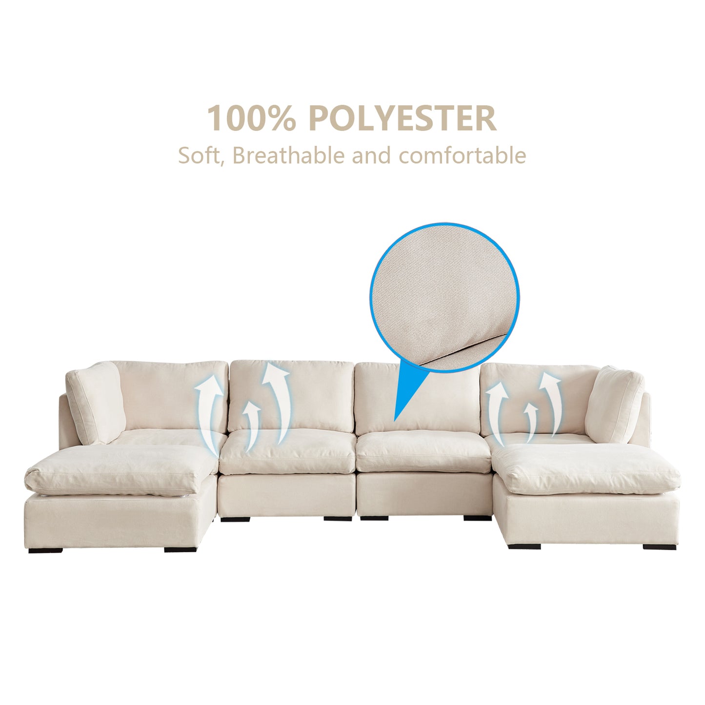 Modular Sofa with Ottoman,Filled with Down,Soft Linen Fabric,Beige