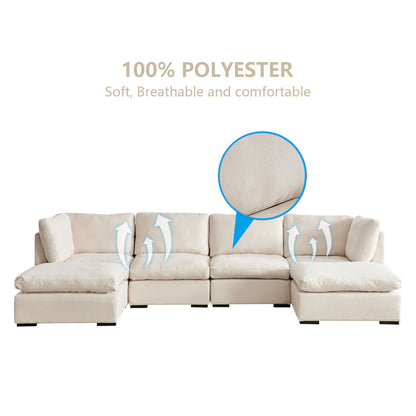 Modular Sofa with Ottoman,Filled with Down,Soft Linen Fabric,Beige