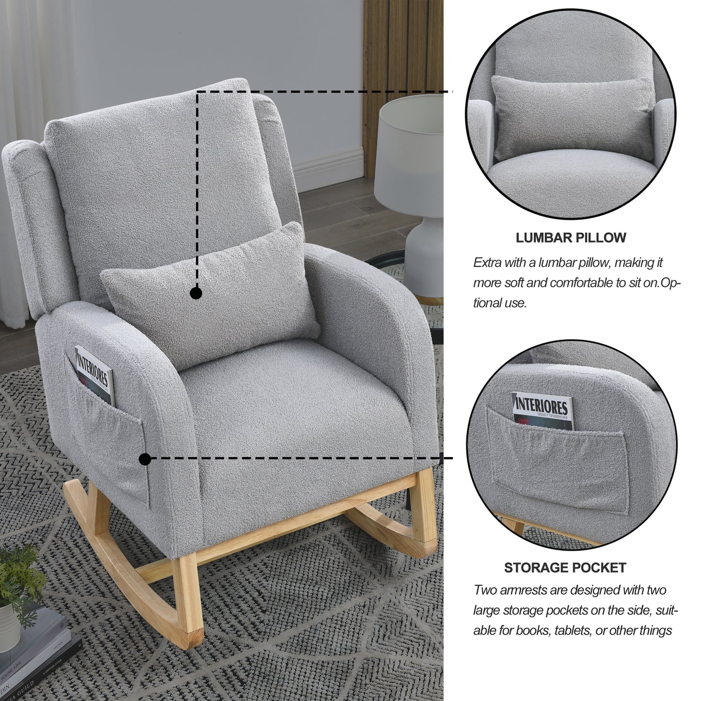 27.5 "W Modern Accent High Back Living Room Casual Armchair Rocker with One Lumbar Pillow, Two Side Pockets,Teddy.