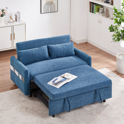 55.1" Pull Out Sleep Sofa Bed Loveseats Sofa Couch with Adjsutable Backrest, Storage Pockets, 2 Soft Pillows, USB Ports for Living Room, Bedroom, Apartment, Office, Blue (Old SKU WF307821AAC)