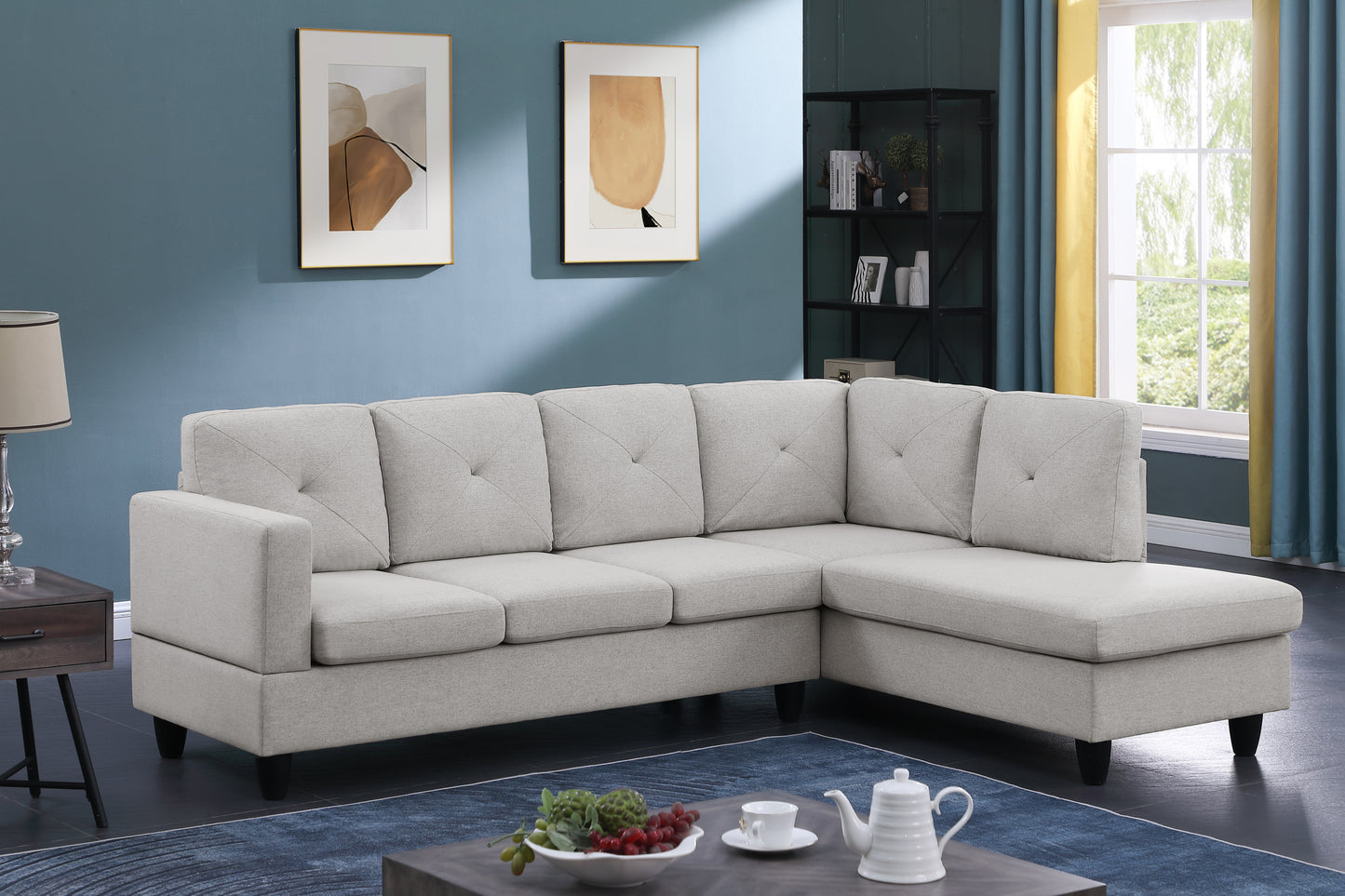 96" Light Gray Linen Sectional Sofa with Right Facing Chaise