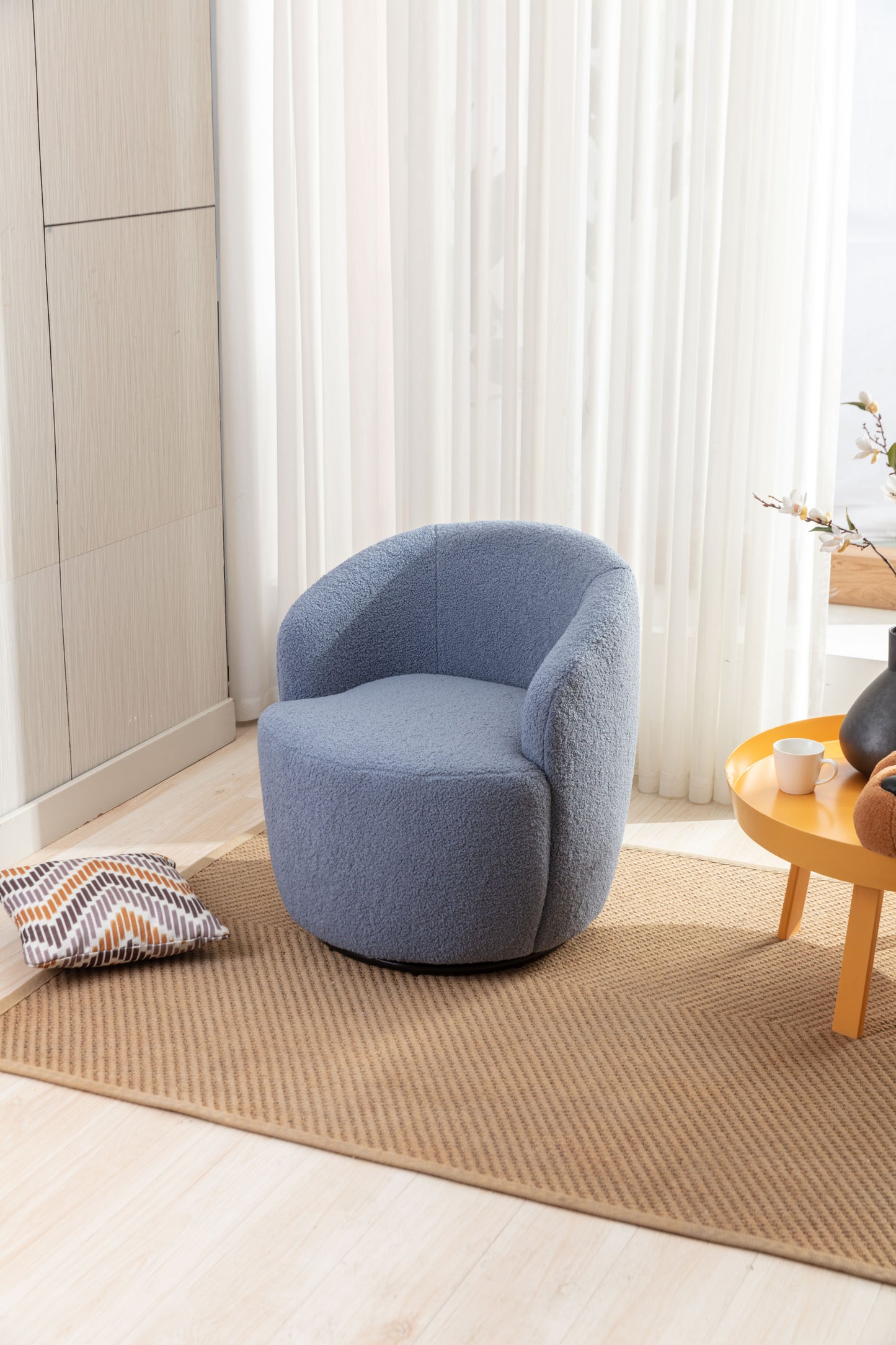 Teddy Fabric Swivel Accent Armchair Barrel Chair With Black Powder Coating Metal Ring,Light Blue