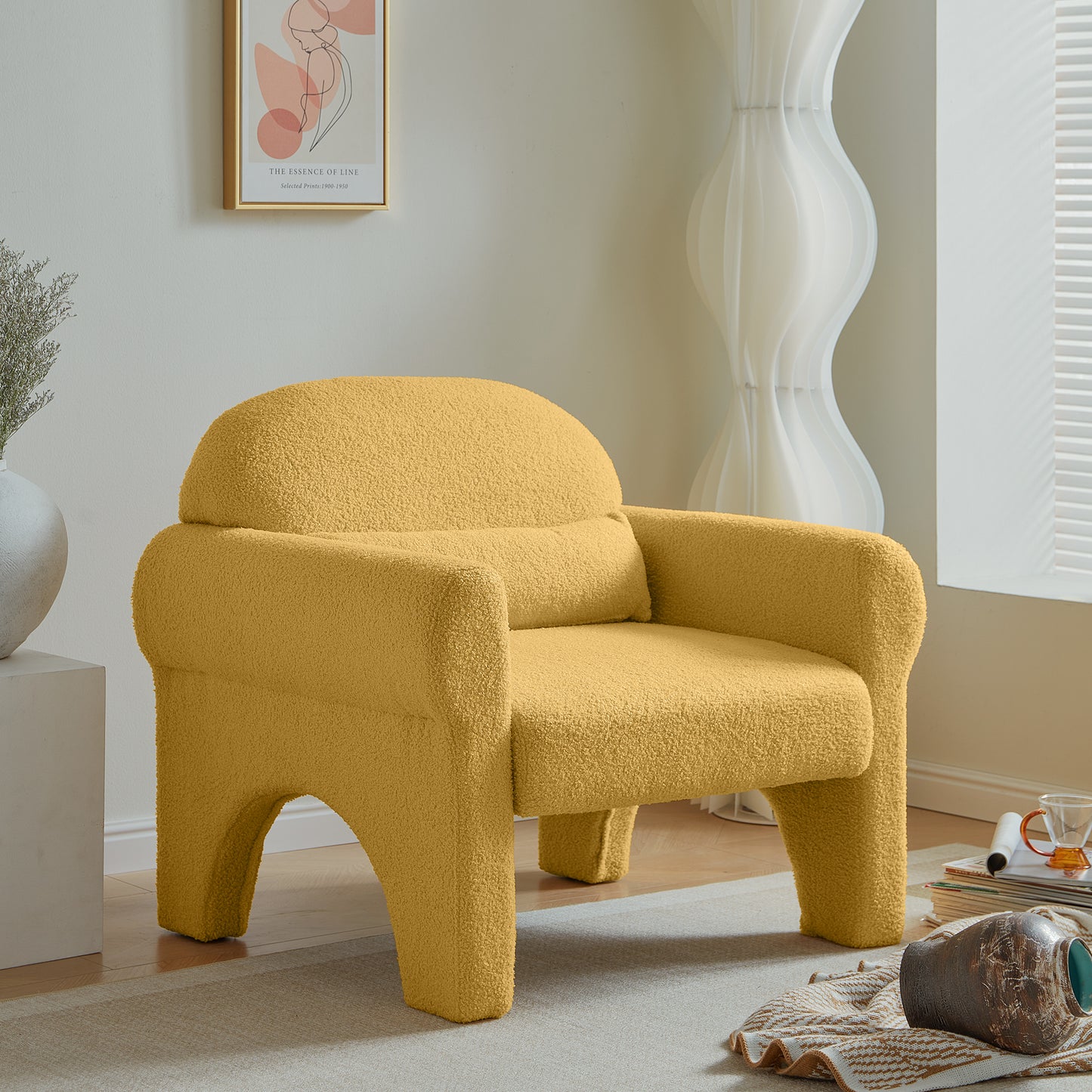 Modern boucle accent chair with lumbar pillow for living room