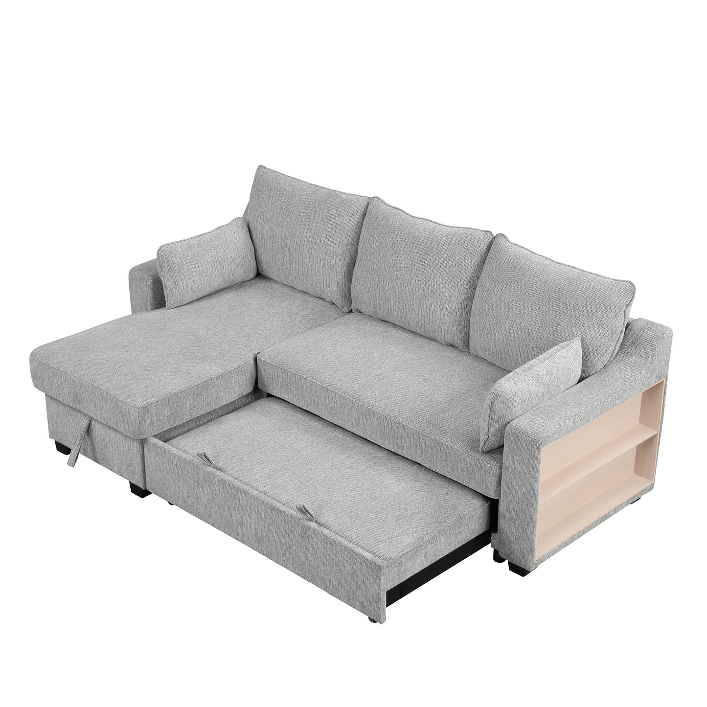 90" Pull Out Sleeper Sofa L-Shaped Couch Convertible Sofa Bed with Storage Chaise, Storage Racks and USB Ports, Light Grey