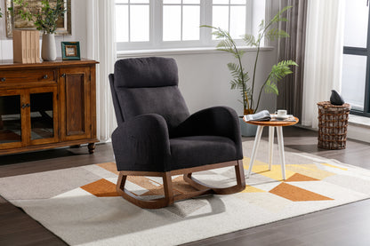 Rocking Chair, Modern Glider Chair, Recliner Armchair with Wood Legs and Side Pocket, Nursery Rocking Accent Chair with High Back for Living Room Bedroom (Black linen)