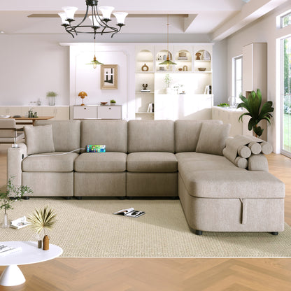 109.8"L-shaped Couch Sectional Sofa with Storage Chaise,Cup Holder and USB Ports for Living Room, Beige