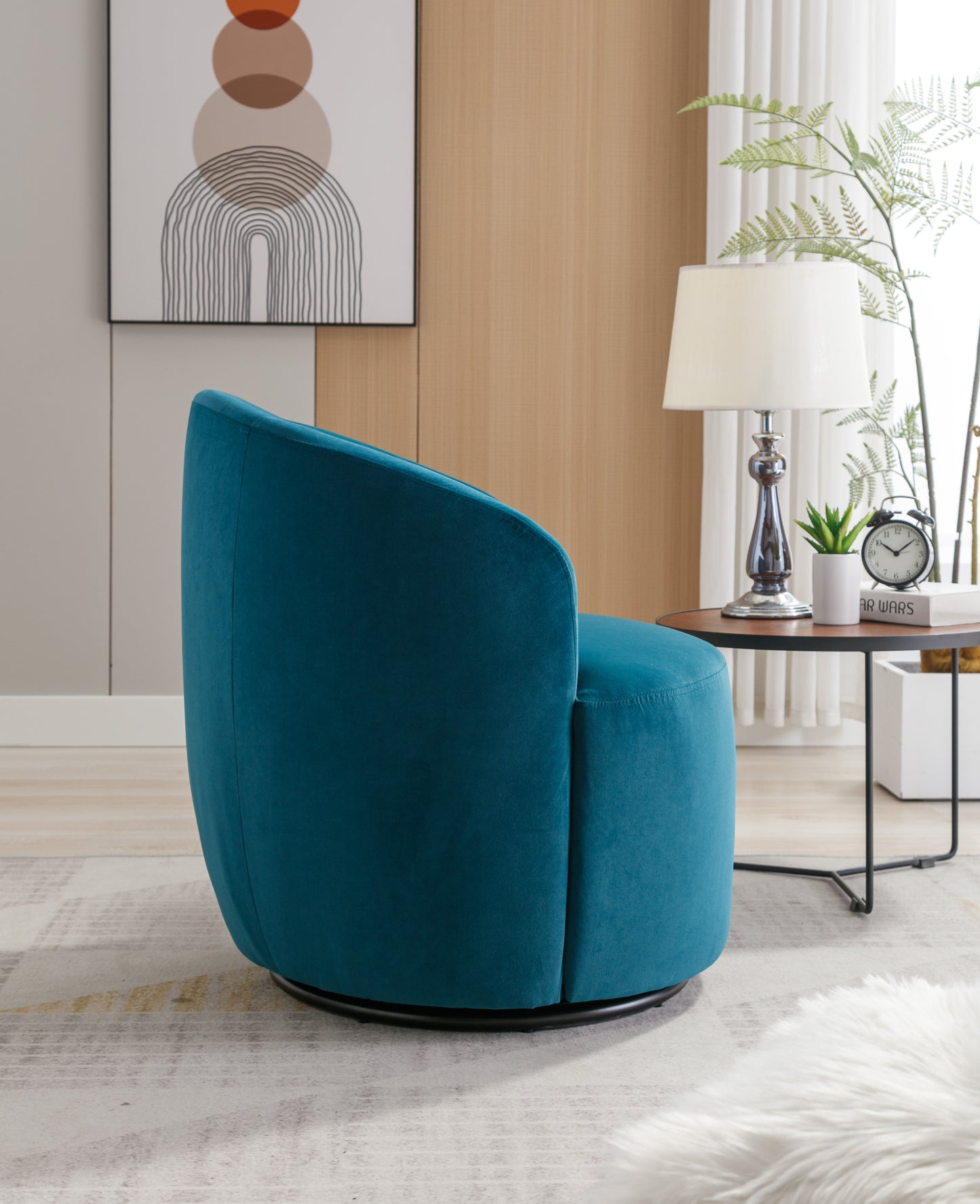 Velvet Fabric Swivel Accent Armchair Barrel Chair With Black Powder Coating Metal Ring,Teal