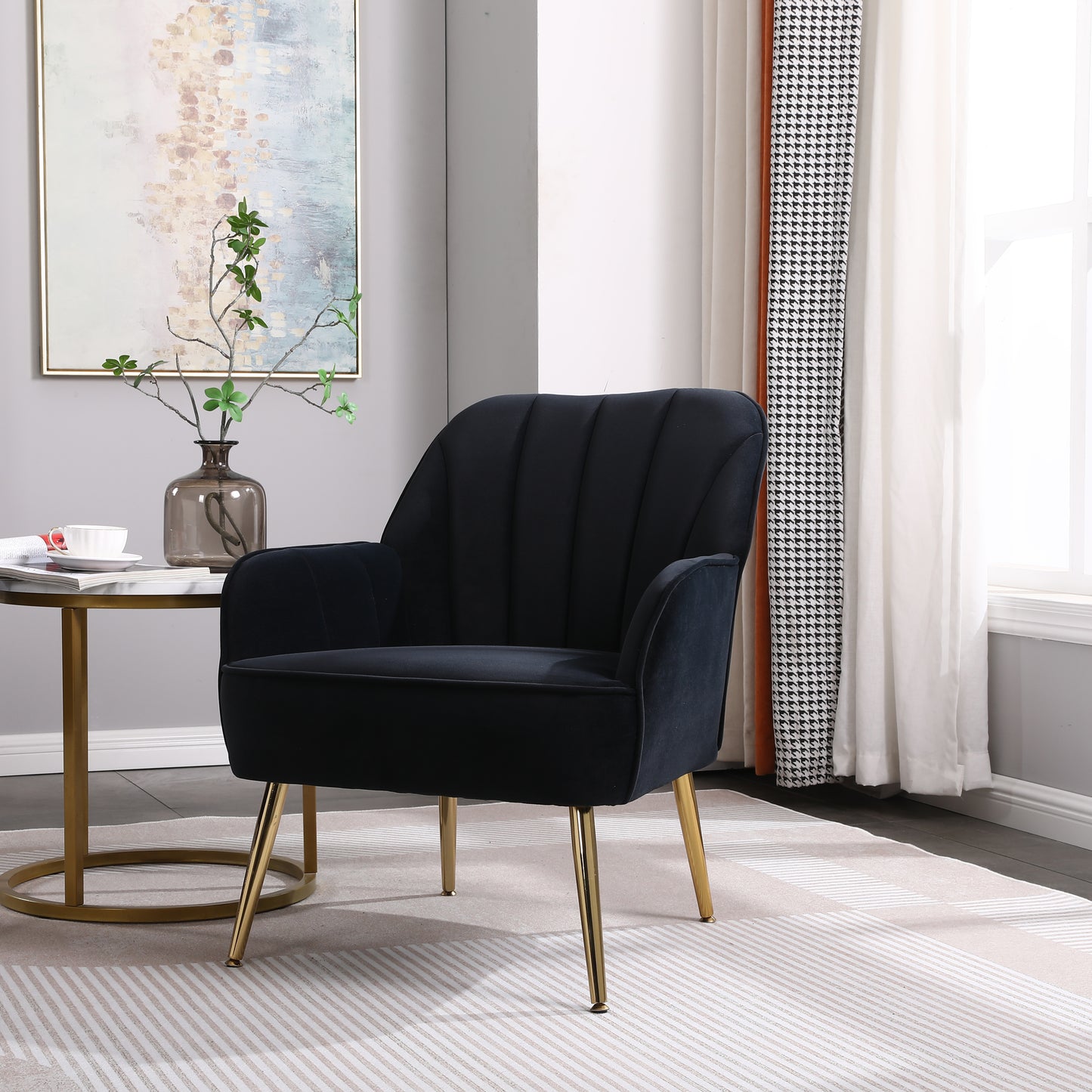 Modern Mid Century Chair velvet Sherpa Armchair for Living Room Bedroom Office Easy Assemble(NAVY)