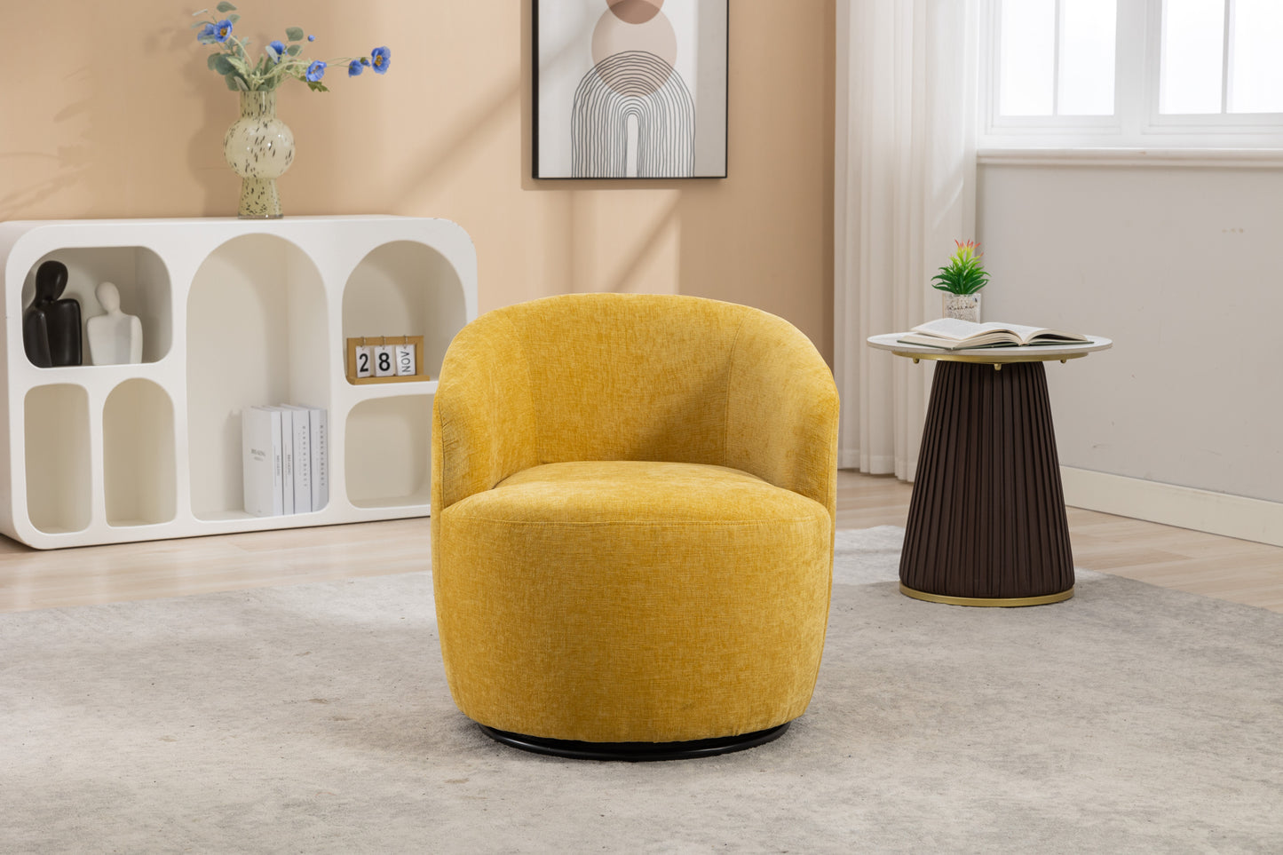 037-Chenille Fabric Swivel Accent Armchair Barrel Chair With Black Powder Coating Metal Ring,Yellow