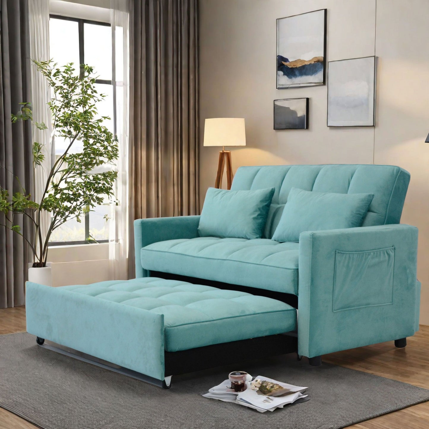 55.2" Velvet Two Seater Pull Out Sofa Bed, Adjustable Backrest With Three USB Ports, Two Side Pockets, 3 in 1 Convertible Sleeper Sofa Bed, Modern Love Seat Lounge Sofa for Living Room, Peacock blue