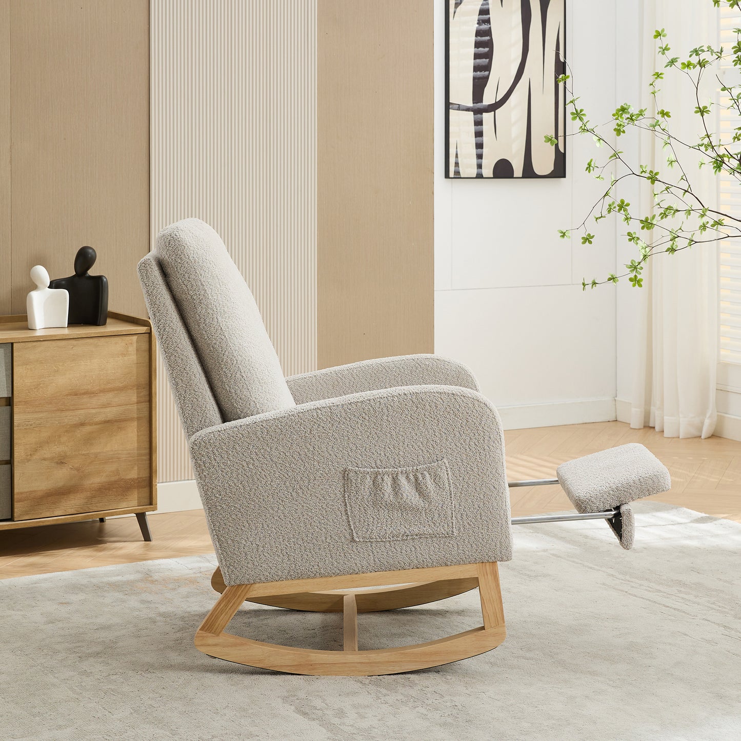 25.4"W Rocking Chair for Nursery, High Back Glider Chair with Retractable Footrest, Side Pocket, Rocking Accent Armchair with Rubber Wood Legs for Living Room/Bedroom.Light Gray