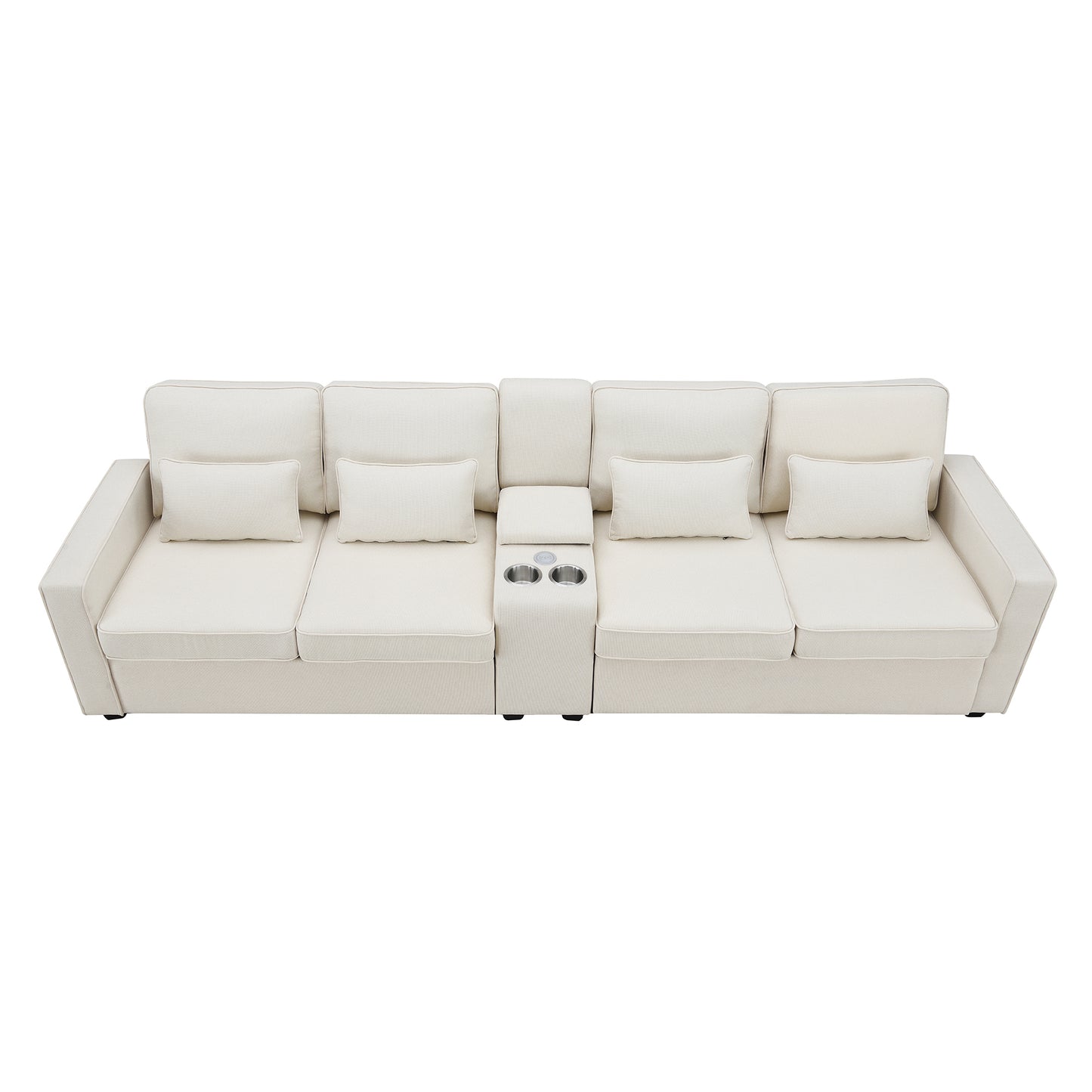 114.2" Upholstered Sofa with Console, 2 Cupholders and 2 USB Ports Wired or Wirelessly Charged, Modern Linen Fabric Couches with 4 Pillows for Living Room, Apartment