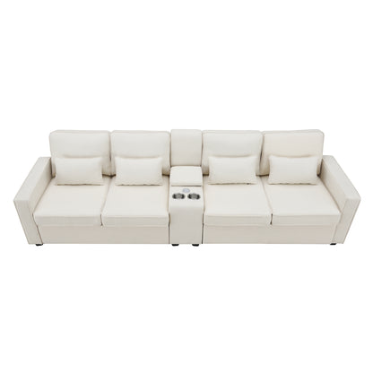 114.2" Upholstered Sofa with Console, 2 Cupholders and 2 USB Ports Wired or Wirelessly Charged, Modern Linen Fabric Couches with 4 Pillows for Living Room, Apartment